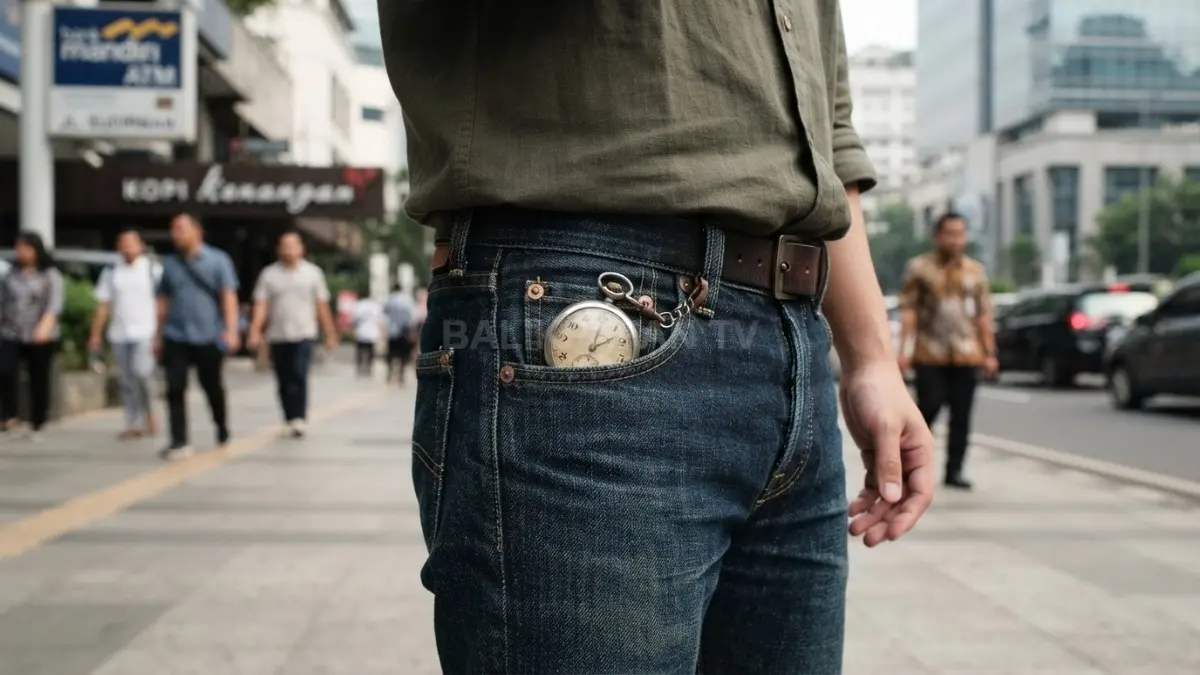 Detail kantong kecil pada celana jeans klasik yang awalnya dirancang sebagai tempat menyimpan jam saku. (BTV/AI)
