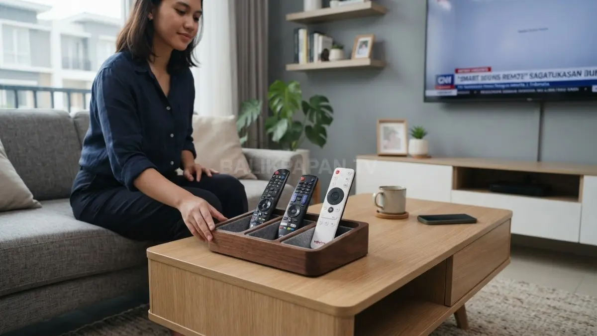 empat penyimpanan khusus remote televisi di ruang keluarga untuk mengurangi risiko benturan. (BTV/AI)