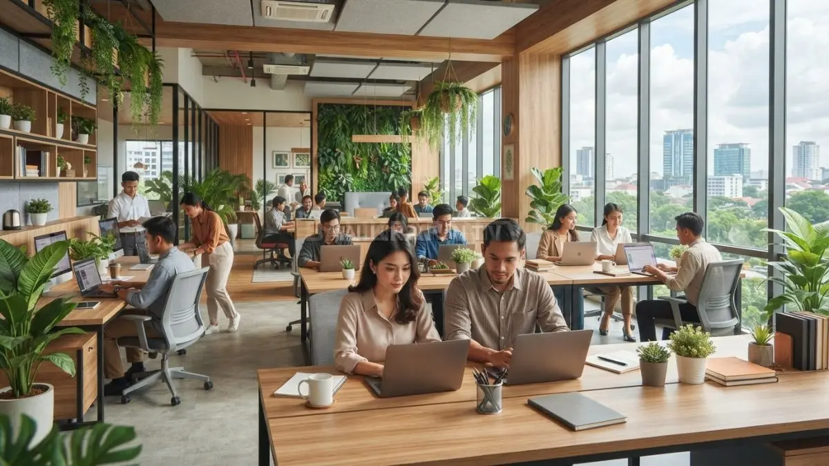 Gedung perkantoran dengan aroma produktivitas menghadirkan suasana kerja nyaman melalui elemen aroma alami yang terkontrol. (BTV/Ai)
