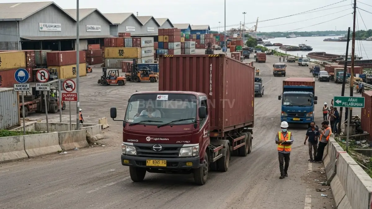 Kawasan pergudangan dan kendaraan kontainer menjadi fokus kebijakan relokasi menuju Terminal Multipurpose Palaran demi kelancaran lalu lintas. (BTV/AI)