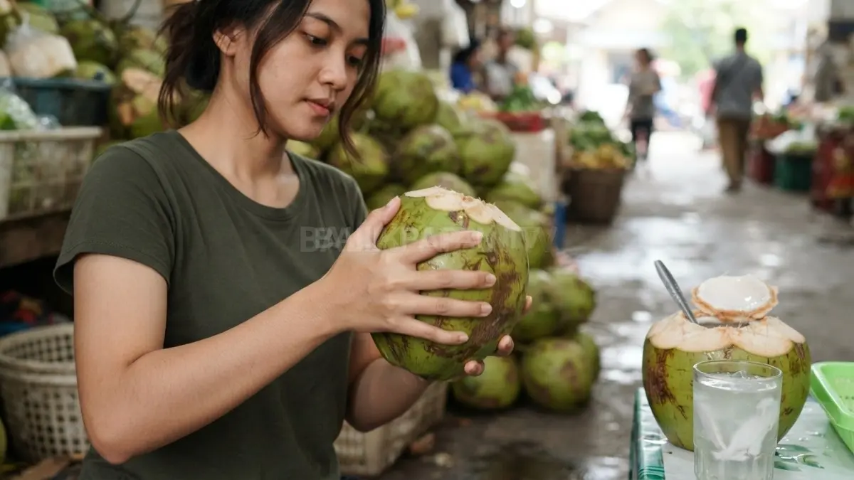 Kelapa muda dapat dikenali melalui suara air di dalamnya serta bobot yang sesuai dengan ukuran buah. (BTV/Ai)
