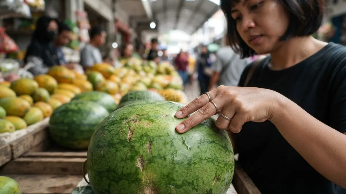 Ketukan semangka dengan bunyi dalam dapat menjadi petunjuk buah matang dengan isi yang lebih padat. (BTV/Ai)