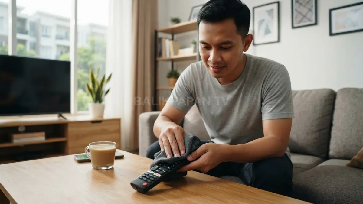 lustrasi membersihkan remote TV menggunakan kain mikrofiber agar tombol tetap responsif. (BTV/AI)