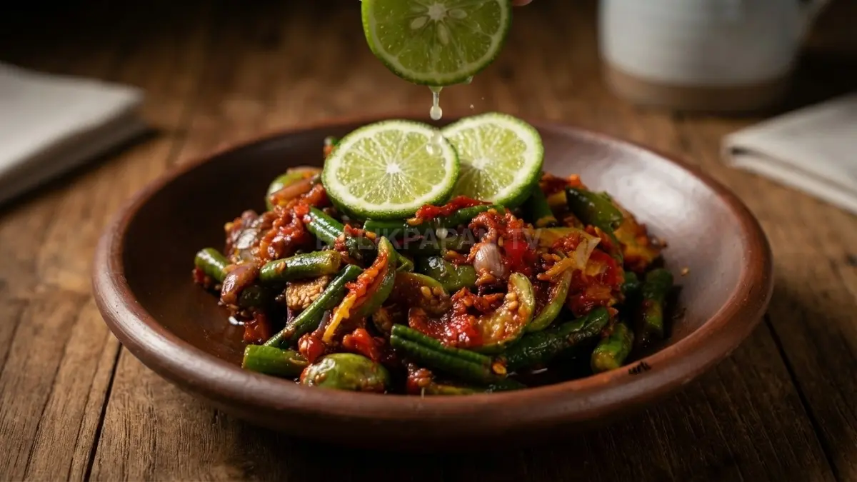 Mangkuk berisi bumbu tumis Sambal Raja dengan kucuran jeruk kuwut di atas meja makan kayu. (BTV/Ai)
