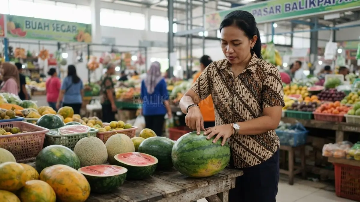 Memilih buah segar dapat dilakukan melalui suara ketukan untuk mengenali tingkat kematangan dan kualitas buah. (BTV/Ai)
