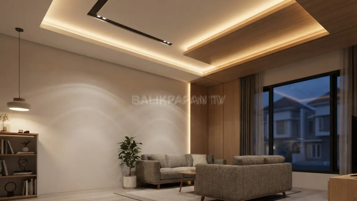 Permainan lampu pada plafon menghadirkan suasana ruang berbeda melalui pencahayaan kreatif tanpa renovasi besar. (BTV/Ai)
