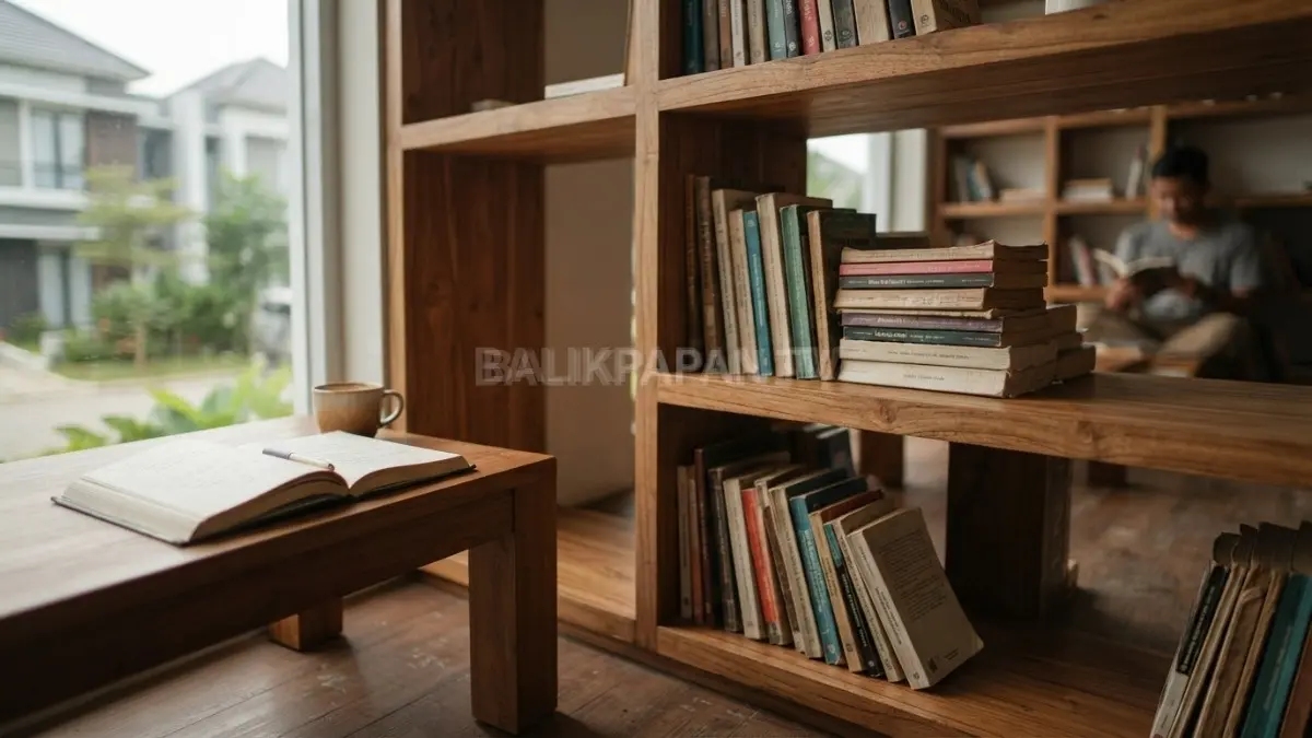 Perpustakaan dengan aroma kayu dan kertas menciptakan identitas ruang hangat melalui material alami dan koleksi buku. (BTV/Ai)

