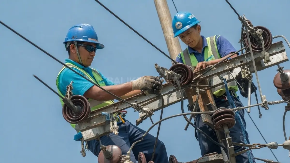 Petugas PLN melakukan pekerjaan pada jaringan listrik distribusi di kawasan Balikpapan.