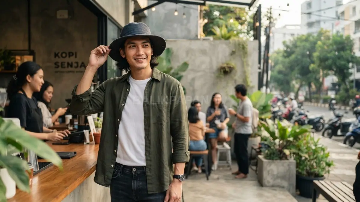 Pria berwajah panjang tampil proporsional memakai bucket hat, flat cap, atau fisherman hat bergaya kasual nyaman (BTV/AI)
