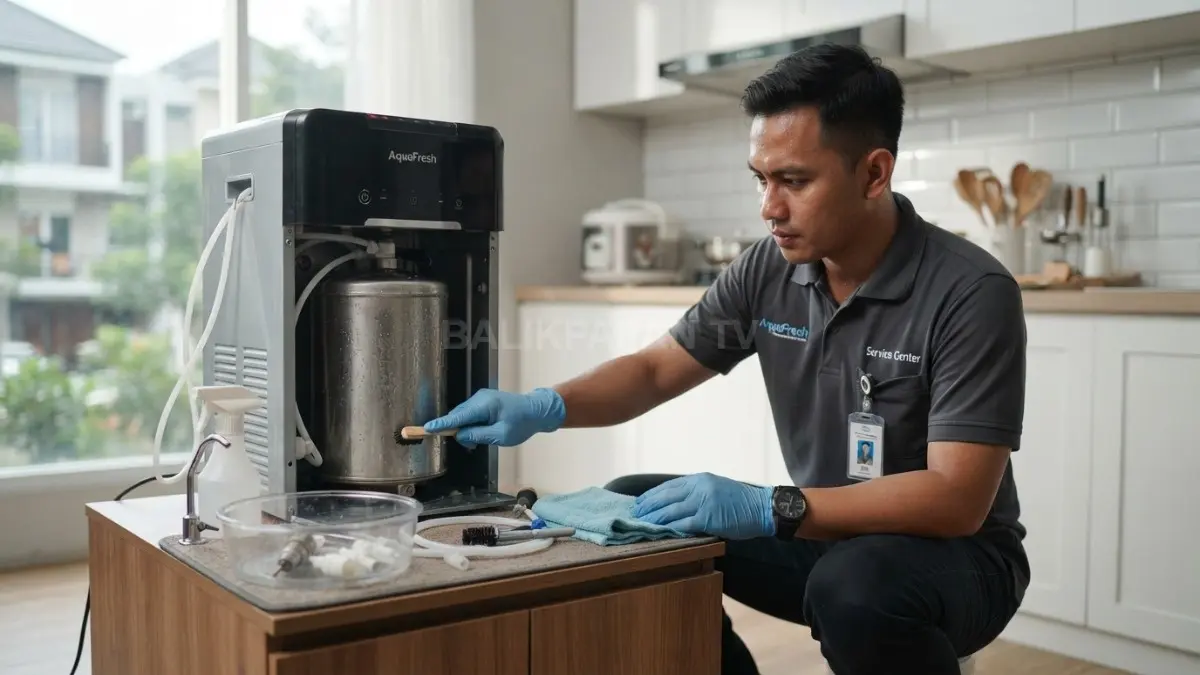 Proses membersihkan tangki dispenser untuk mengurangi endapan mineral dan menjaga performa. (BTV/AI)