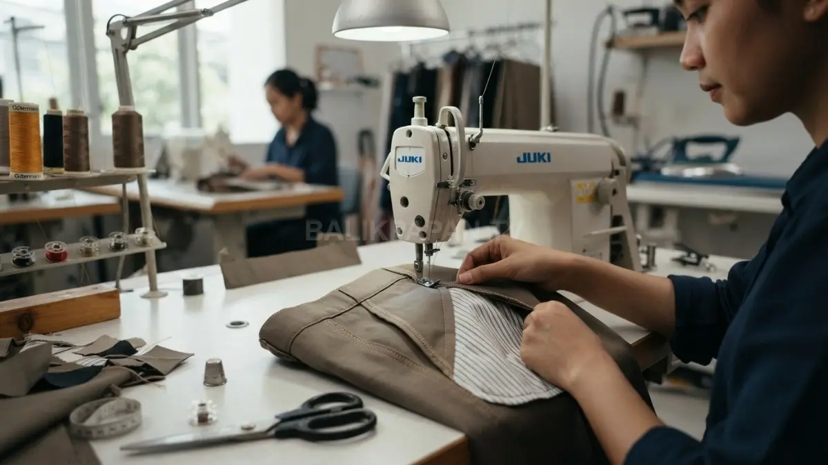 Proses pembuatan kantong celana di meja kerja penjahit, menunjukkan detail konstruksi dan jahitan pada pakaian. (BTV/AI)