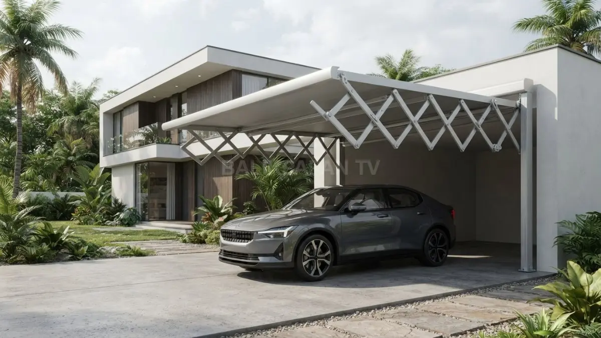 Rangka aluminium fleksibel model akordeon ini hemat ruang carport dan sangat praktis digunakan sehari-hari. (BTV/Ai)