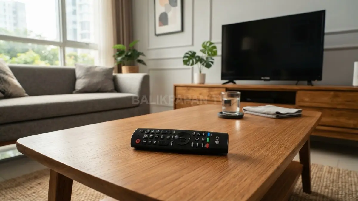 Remote televisi diletakkan rapi di atas meja kayu untuk menjaga komponen tetap awet dan bersih. (BTV/AI)