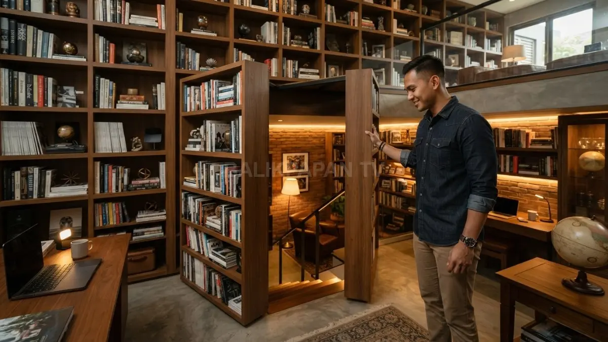 Ruang bawah tanah rahasia tersembunyi di balik rak buku, menghadirkan desain aman, elegan, dan multifungsi modern (BTV/AI)
