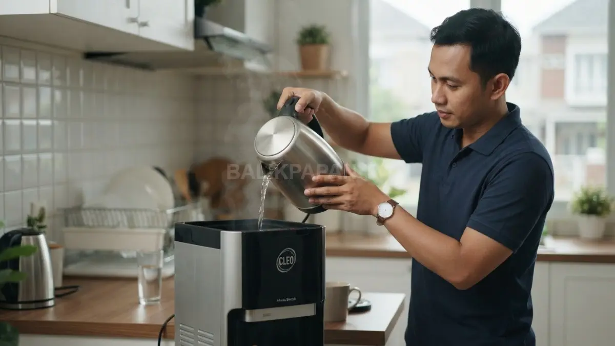 Seseorang menuangkan air hangat ke dispenser setelah didiamkan beberapa saat demi menjaga ketahanan material. (BTV/AI)
