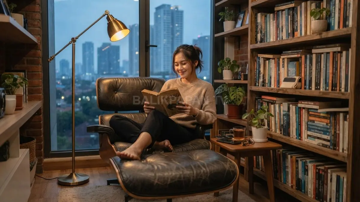 Sudut baca dengan kursi santai, lampu lantai, dan koleksi buku lama yang menciptakan suasana nyaman untuk bersantai. (BTV/AI)