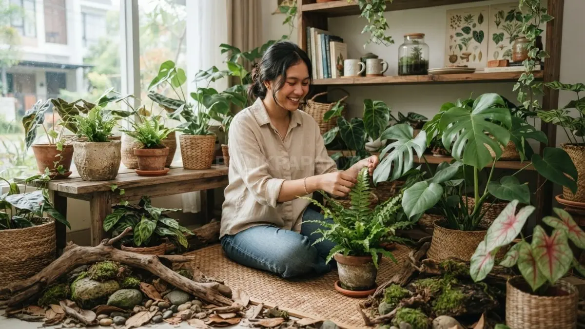 Sudut rumah bergaya goblincore menghadirkan tanaman hijau, kayu alami, batu, dan nuansa hutan yang menenangkan (BTV/AI)
