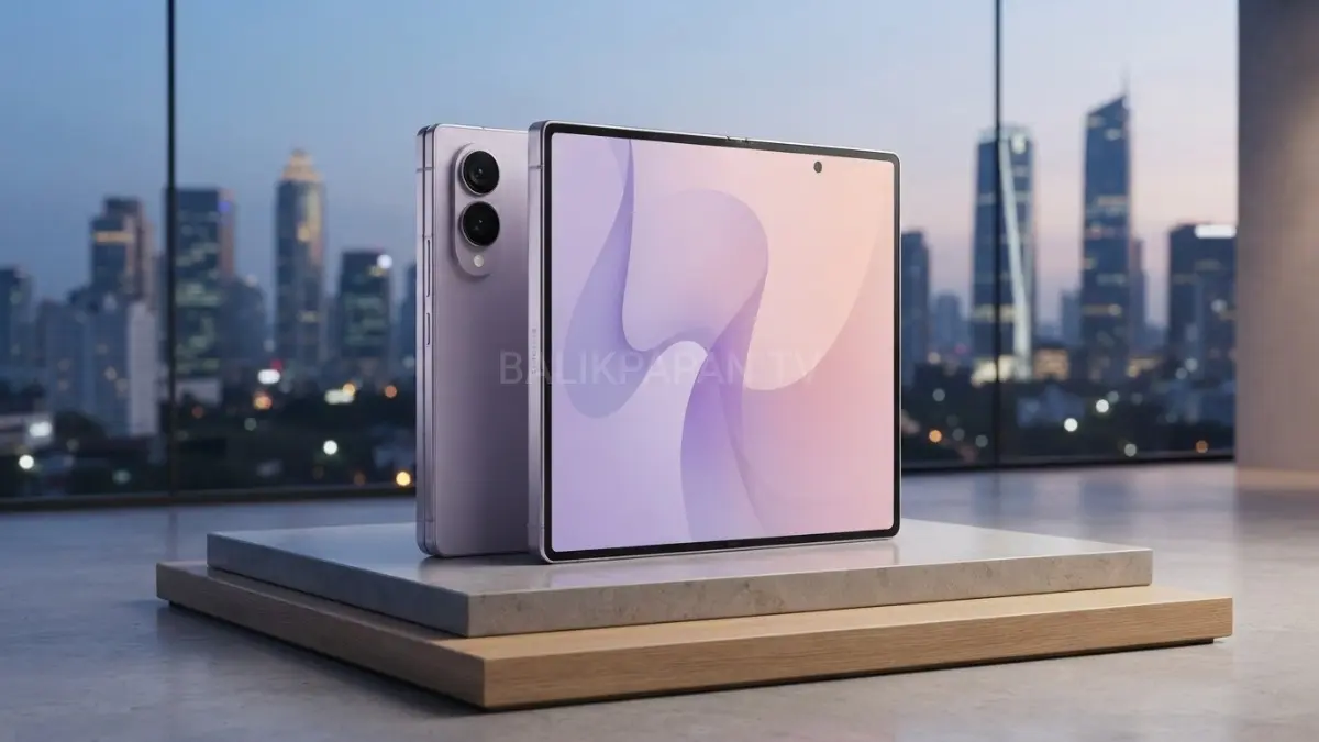 Tampilan Galaxy Z Fold8 reguler saat dibuka memperlihatkan layar 7,6 inci berasio 4:3.(BTV/AI) 