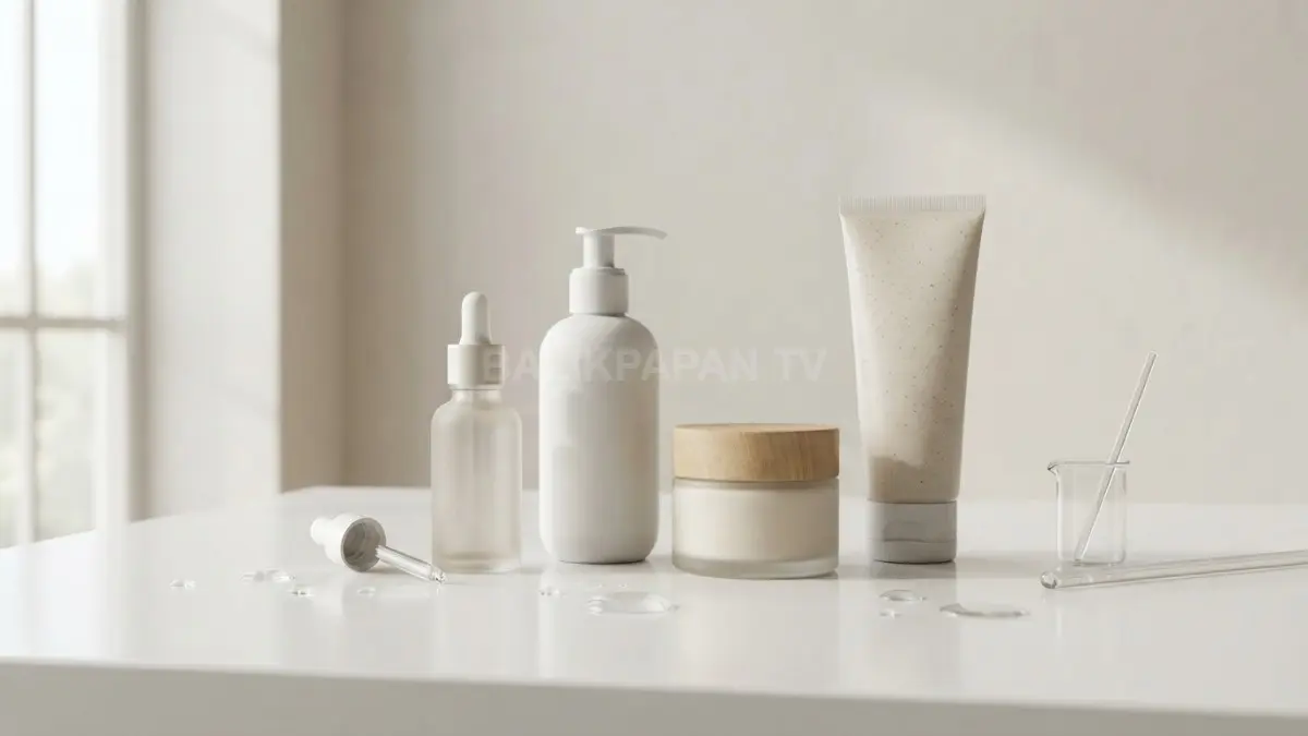 Tampilan ilustrasi produk body care minimalis di atas permukaan bersih yang mencerminkan konsep skin minimalism. (BTV/Ai)
