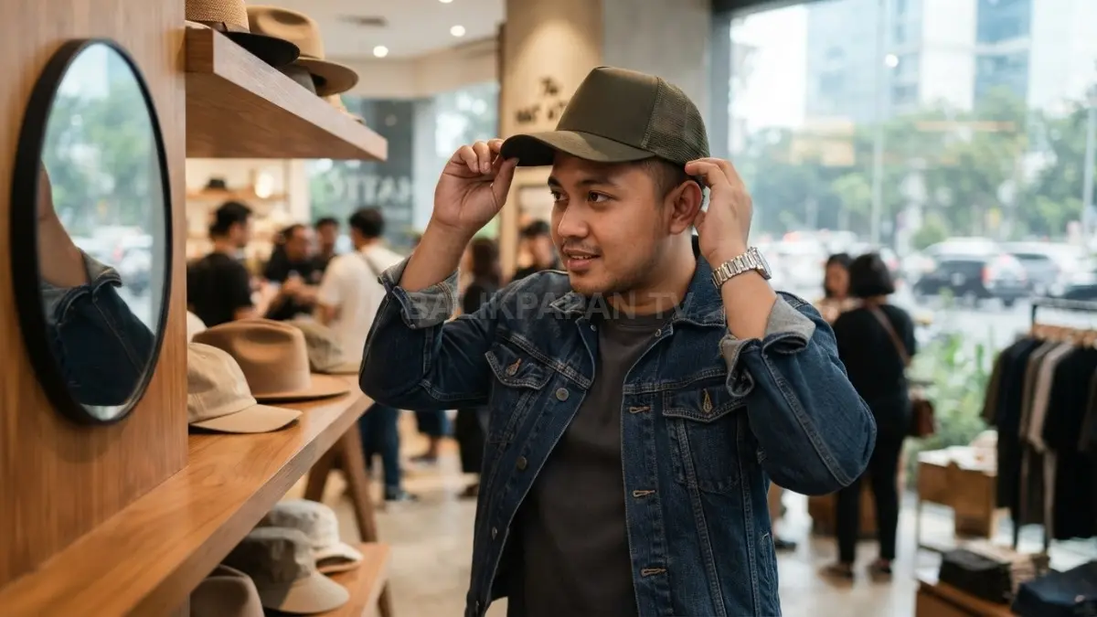 Topi trucker atau fedora ringan membantu pria berwajah bulat tampil proporsional dengan gaya kasual modern (BTV/AI)
