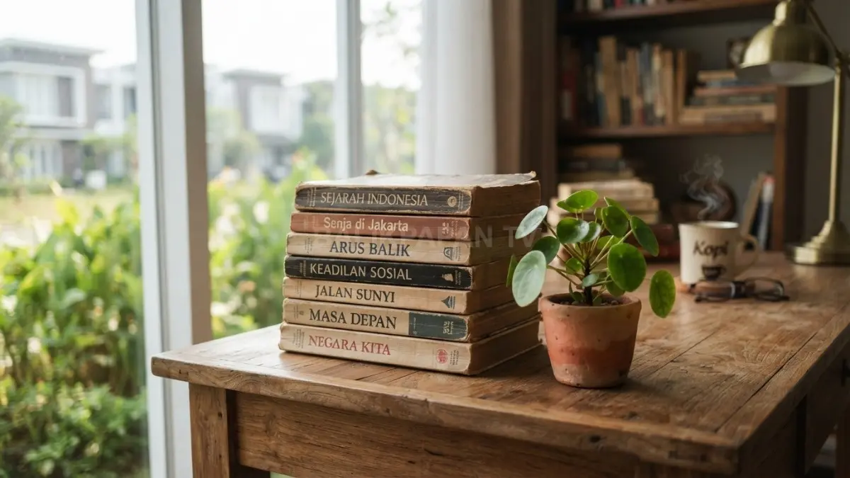  Tumpukan buku lama tertata di atas meja kayu dengan tanaman kecil, menghadirkan dekorasi interior yang hangat dan berkarakter. (BTV/AI)