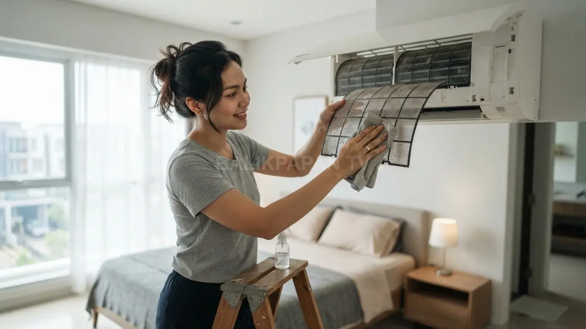 Aktivitas membersihkan filter AC dan ventilasi kamar sebagai langkah menjaga kualitas udara tetap sehat. (BTV/AI)