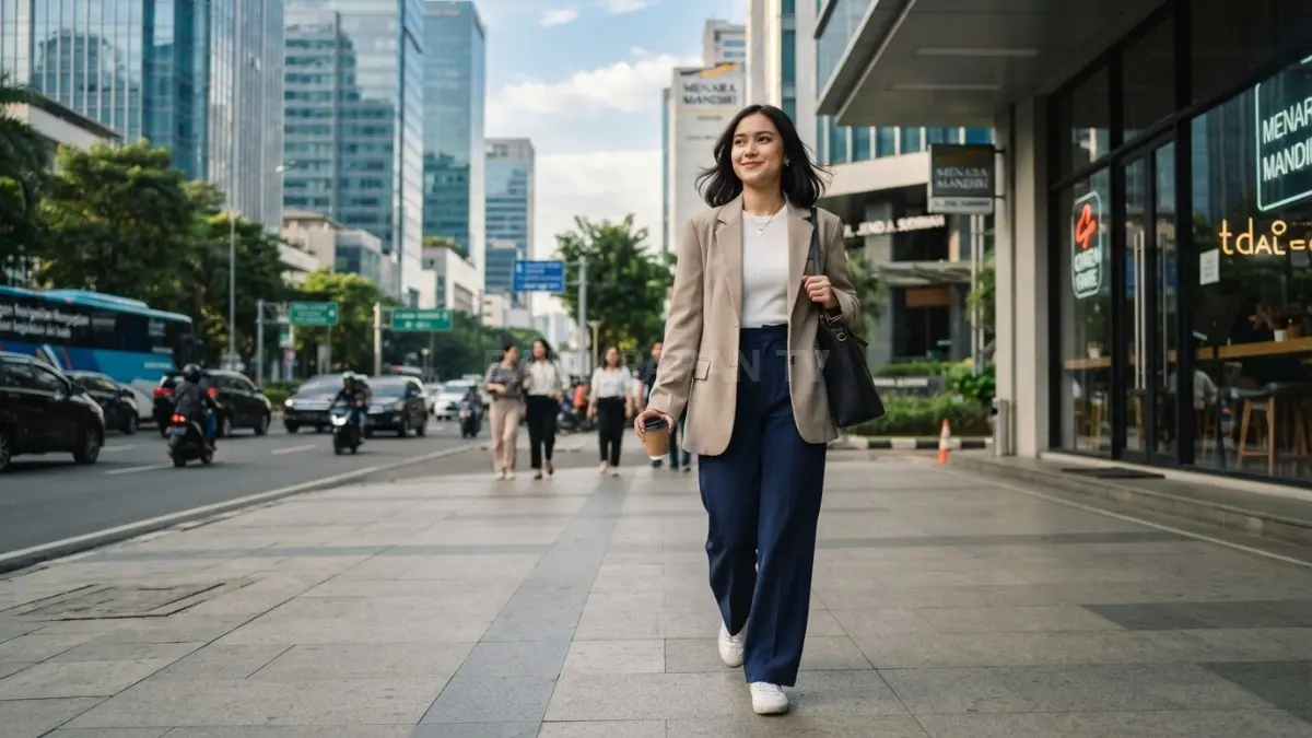 Blazer oversized dan wide leg pants menghadirkan gaya feminin-tomboy modern, nyaman, serta elegan untuk aktivitas harian (BTV/AI)
