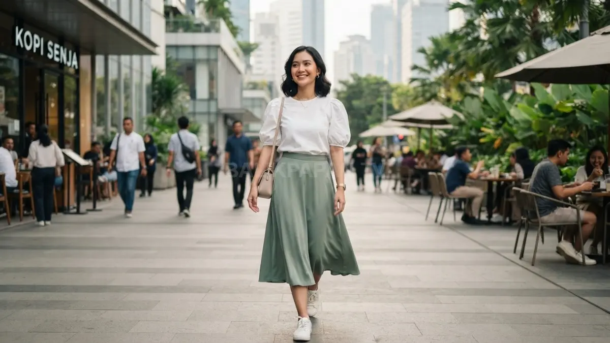 Blouse putih dan rok A-line menciptakan gaya feminin elegan, nyaman, serta cocok untuk aktivitas harian modern (BTV/AI)
