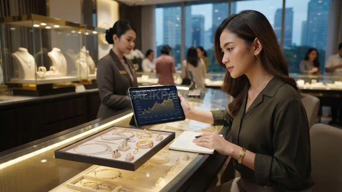 Deretan cincin emas di etalase toko perhiasan dengan label harga terbaru.