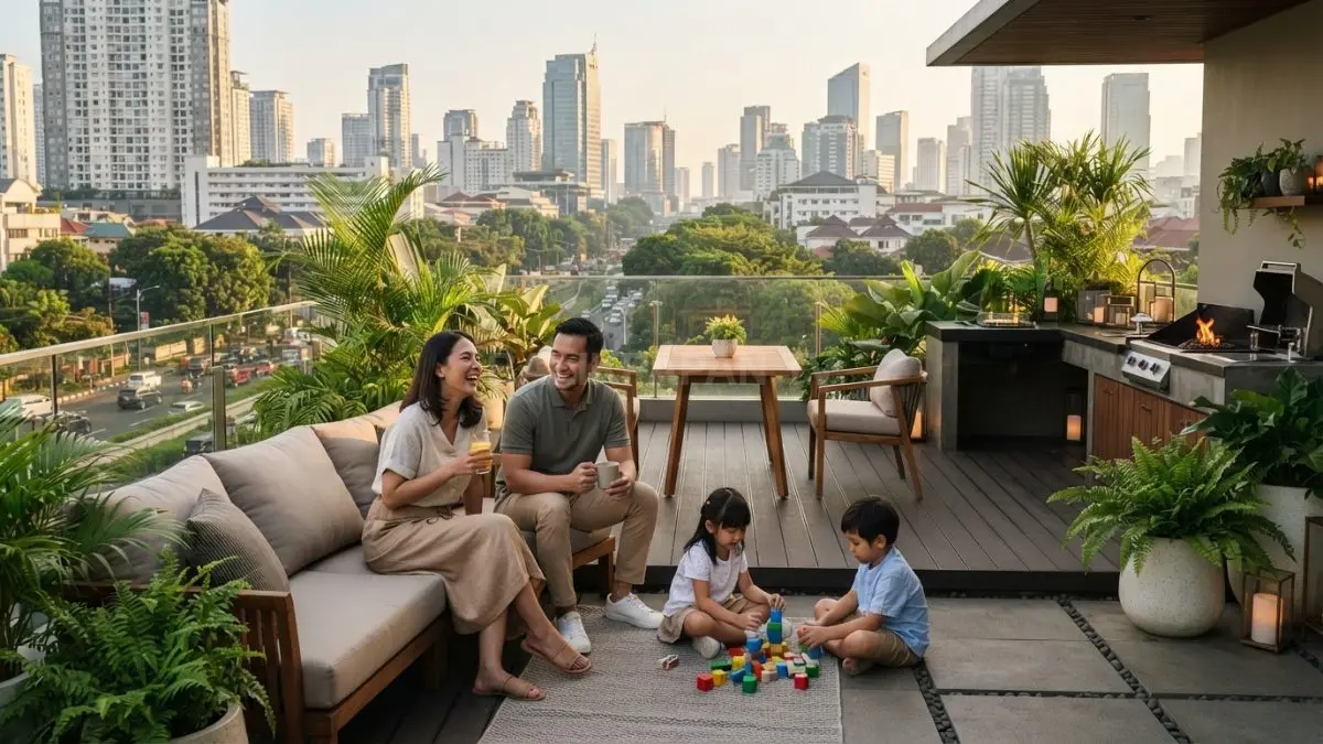 Desain rooftop multifungsi menghadirkan ruang santai estetis sekaligus fungsional untuk hunian modern keluarga masa kini (BTV/AI)
