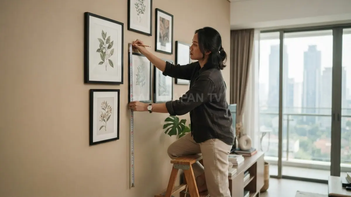 Desainer interior mengukur tinggi pemasangan bingkai untuk menciptakan komposisi dekorasi yang harmonis. (BTV/AI)