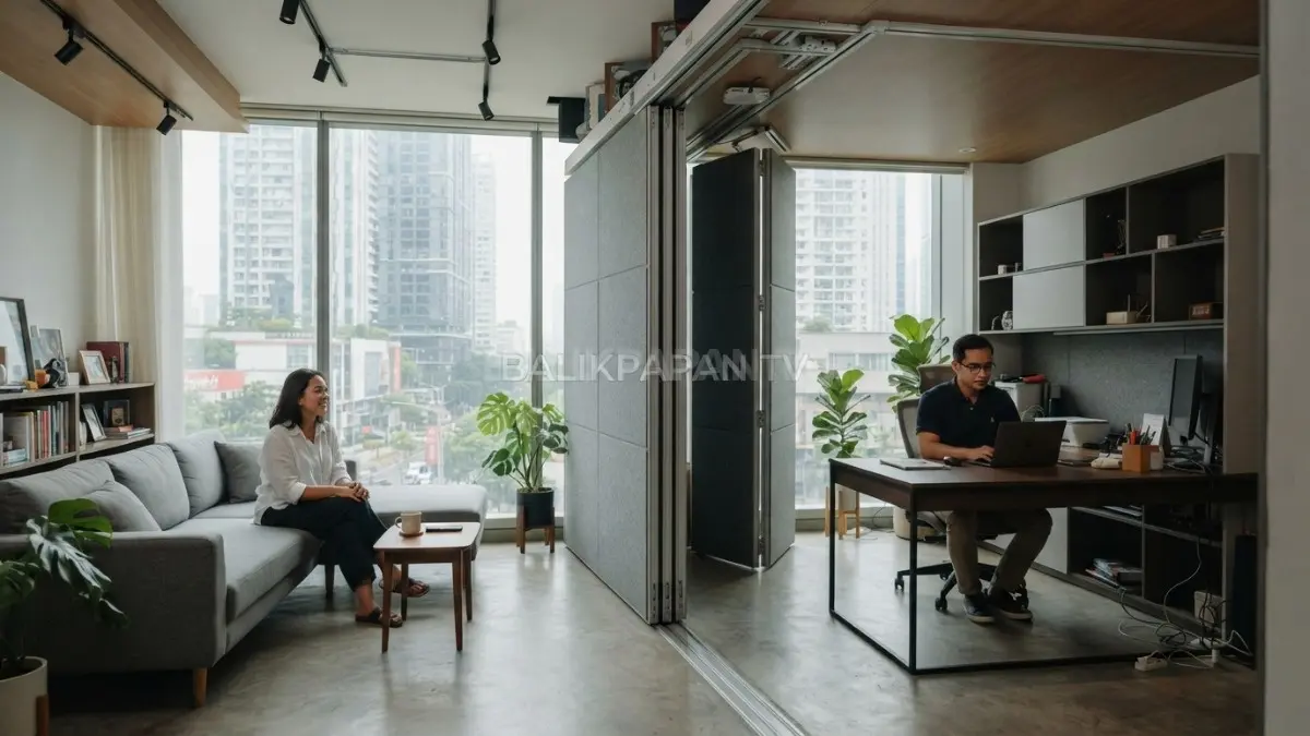 Dinding modular bergerak memungkinkan ruangan berubah fungsi melalui sistem panel geser, lipat, atau partisi fleksibel. (BTV/Ai)
