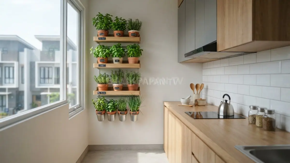 Dinding tanaman herbal di dapur menghadirkan dekorasi hijau sekaligus menyediakan bahan masakan segar yang mudah dipanen. (BTV/Ai)
