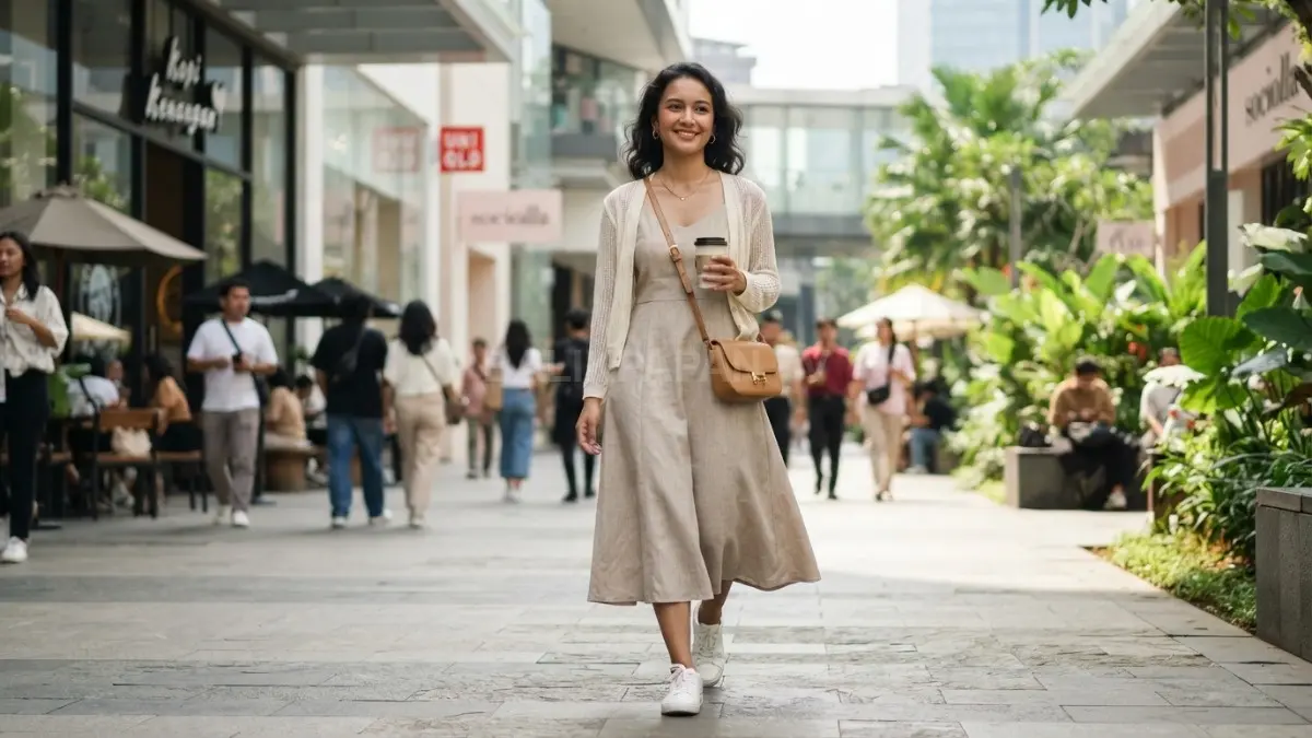 Dress midi dan cardigan tipis menghadirkan gaya feminin modern, nyaman, serta fleksibel untuk aktivitas harian (BTV/AI)