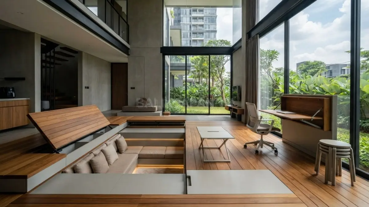 Furnitur dan lantai transformasi menciptakan ruang dinamis dengan elemen yang dapat berubah fungsi sesuai kebutuhan penghuni. (BTV/Ai)
