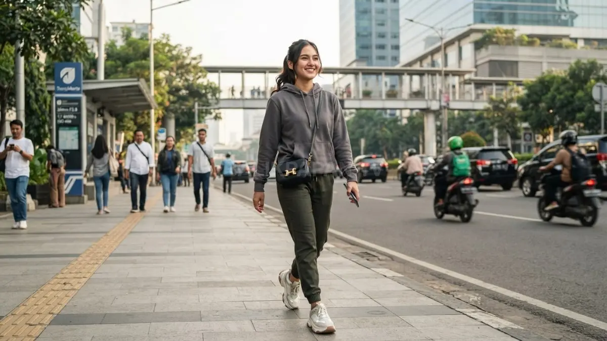 Hoodie polos dan jogger pants menghadirkan gaya feminin tomboy yang nyaman untuk aktivitas harian modern (BTV/AI)
