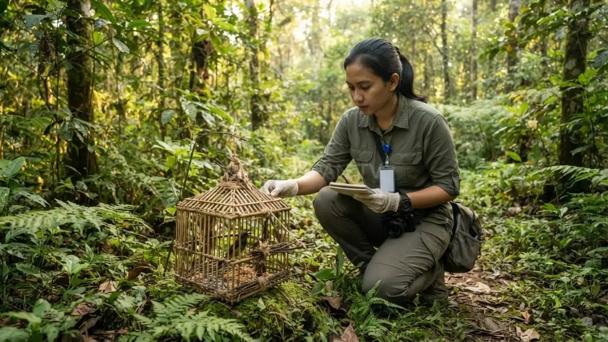 Ilustrasi jebakan burung sederhana menggunakan bahan alami untuk penelitian konservasi beretika secara aman bijaksana berkelanjutan [BTV:AI]