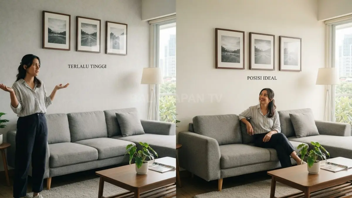  Ilustrasi perbandingan bingkai foto yang dipasang terlalu tinggi dan pada posisi ideal di atas sofa. (BTV/AI)