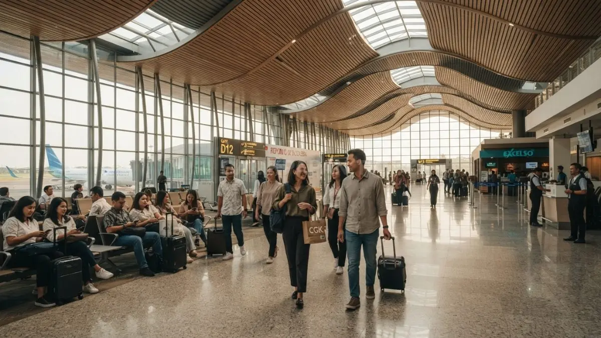 Interior terminal bandara dengan langit-langit bergelombang dan pencahayaan alami yang membuat ruang terasa lebih nyaman. (BTV/AI)