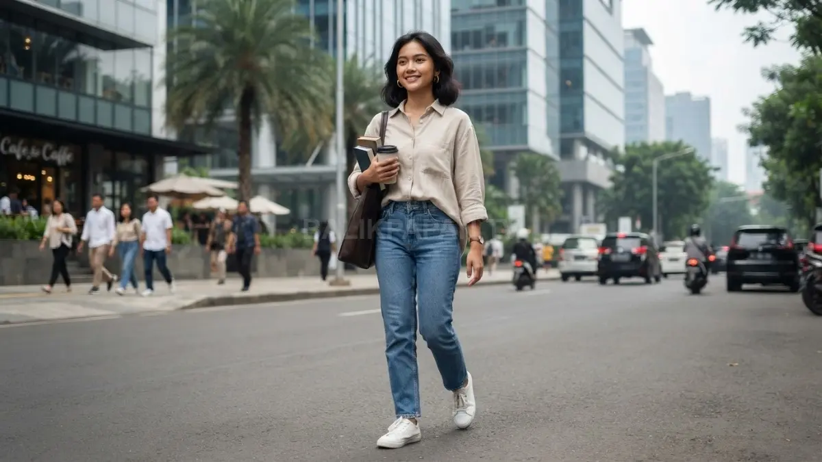 Kemeja linen dan straight jeans menciptakan gaya feminin maupun tomboy yang nyaman untuk aktivitas harian modern (BTV/AI)
