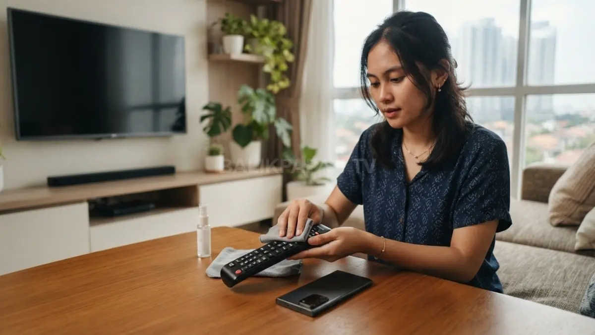 Membersihkan remote televisi dan ponsel dengan kain lembut untuk menjaga kebersihan benda yang sering disentuh. (BTV/AI)