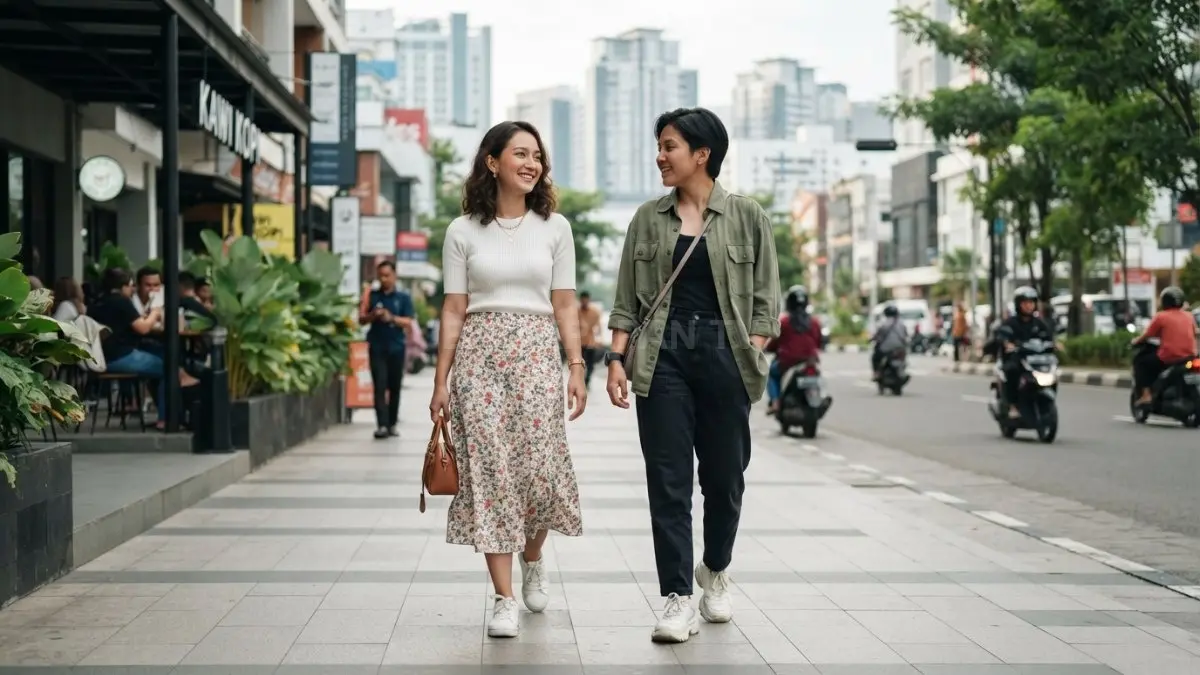 Outfit wanita feminin dan tomboy dipadukan sesuai aktivitas, kenyamanan, bahan berkualitas, serta aksesori yang proporsional (BTV/AI)
