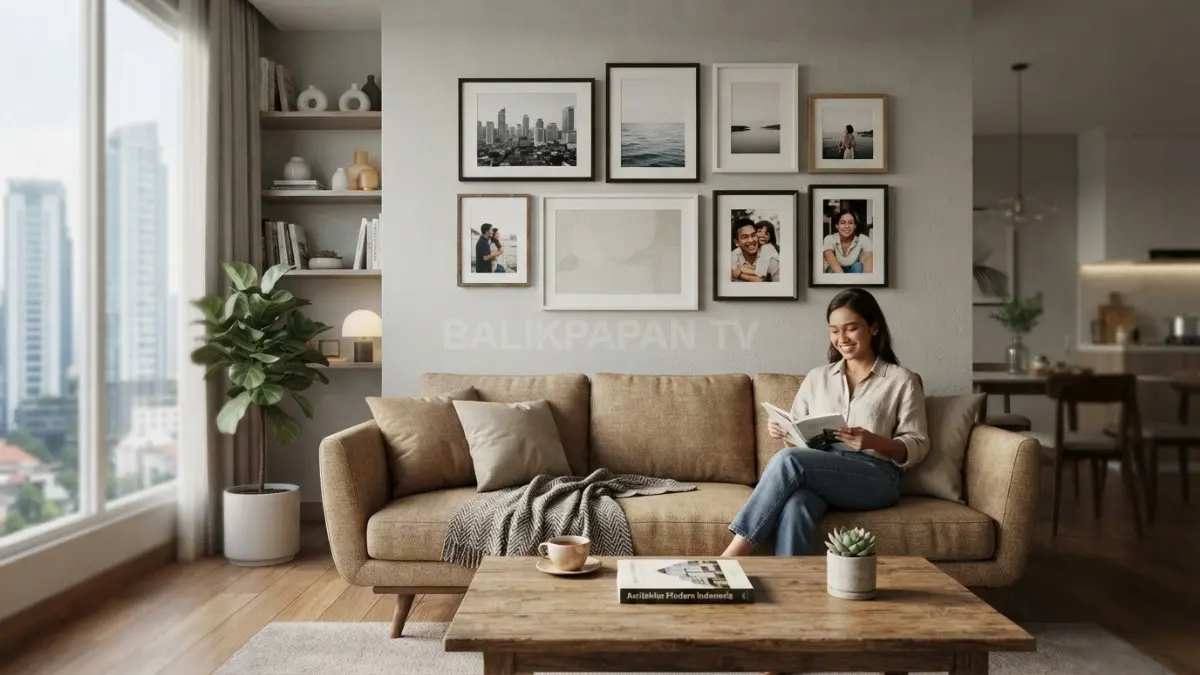 Penataan bingkai foto pada ruang tamu dengan tinggi proporsional menciptakan titik fokus yang nyaman dipandang. (BTV/AI)