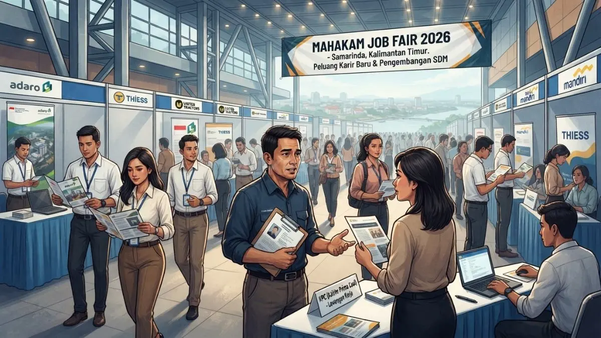 Pencari kerja mengunjungi stan perusahaan Mahakam Job Fair 2026 mencari peluang kerja lintas sektor industri beragam. (BTV/AI)