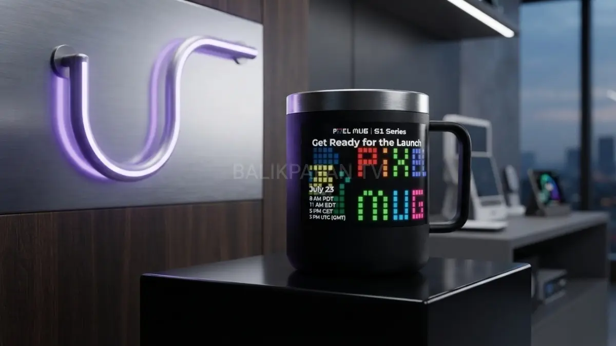 Pixel Mug S1 Pro dengan layar LED interaktif menampilkan animasi di atas meja kerja modern. (BTV/AI) 