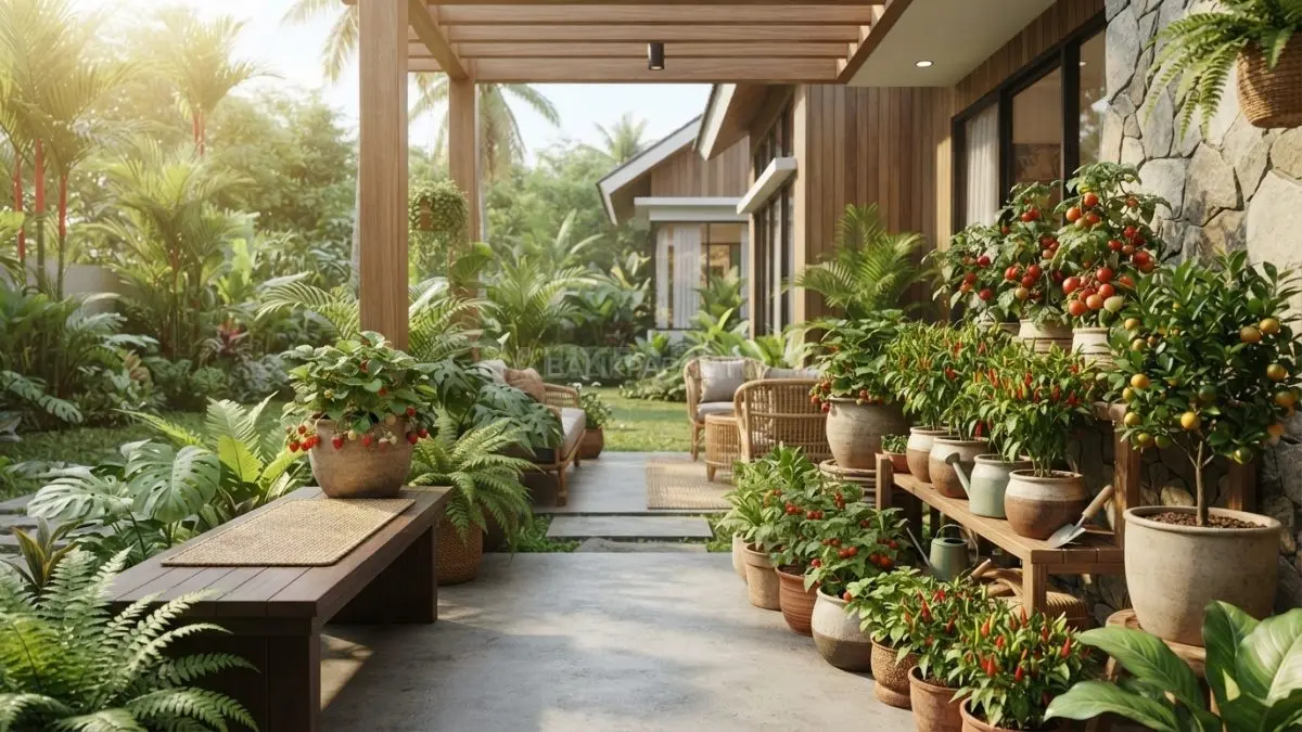 Pot buah mini menghadirkan dekorasi produktif di rumah melalui tanaman konsumsi yang dapat tumbuh di area terbatas. (BTV/Ai)
