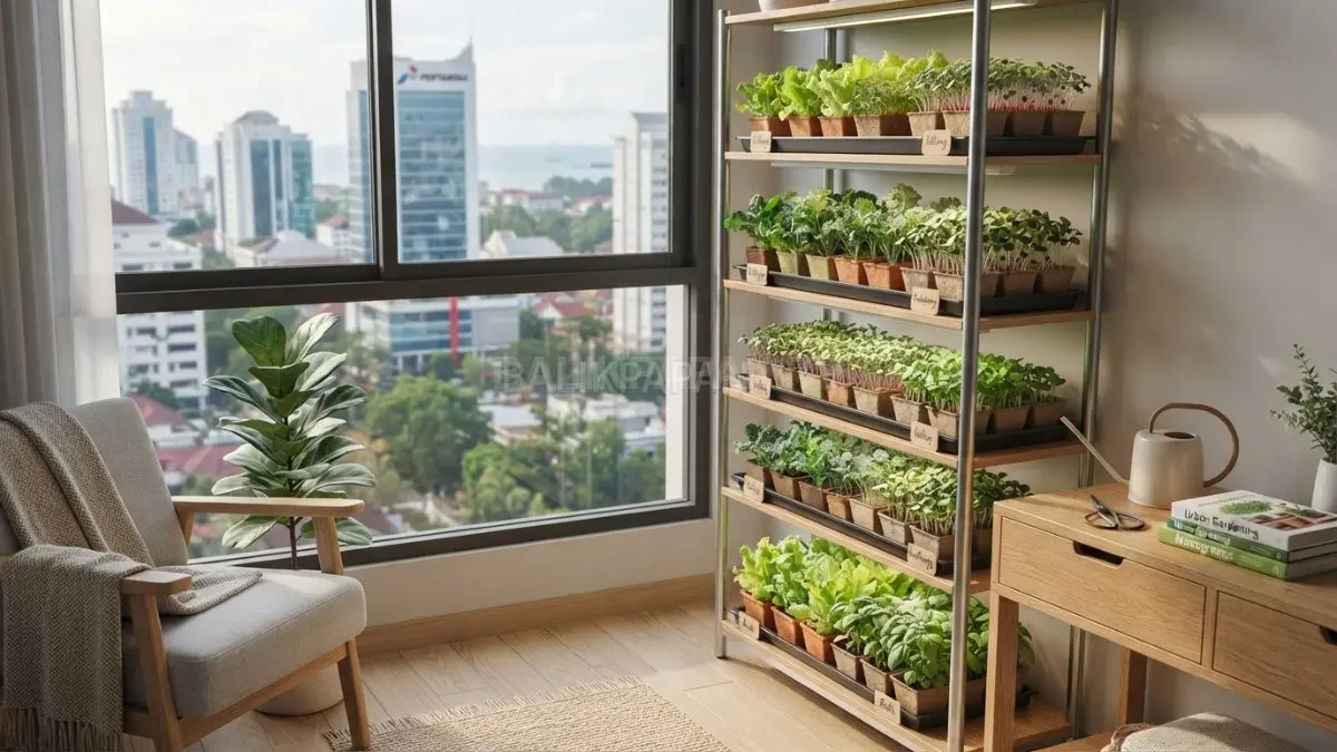 Rak microgreens cocok untuk hunian minimalis karena menghadirkan tanaman segar yang dapat dipanen sekaligus mempercantik ruang. (BTV/Ai)
