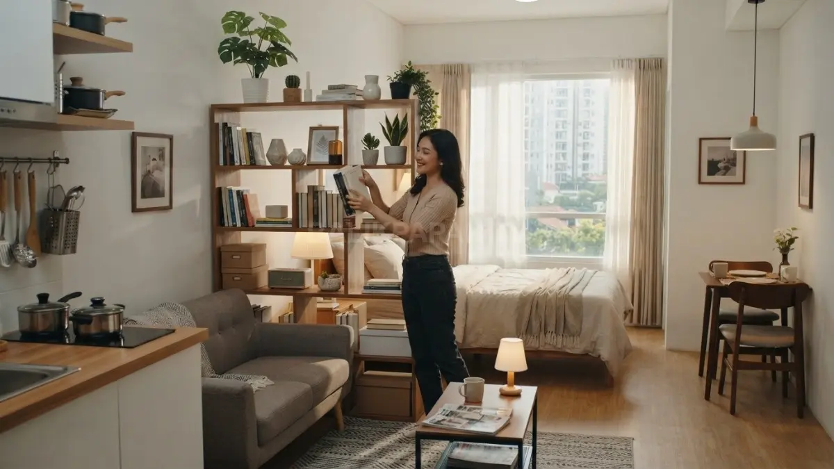 Rak terbuka membagi rumah satu ruangan menjadi empat area fungsional tanpa mengurangi kesan luas nyaman (BTV/AI)
