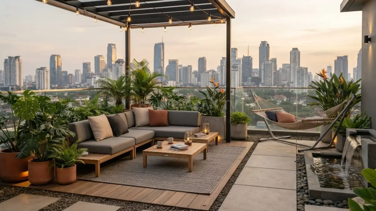 Rooftop aesthetic memadukan dekorasi minimalis, tanaman hijau, furnitur nyaman, dan ruang multifungsi bernuansa modern elegan (BTV/AI)
