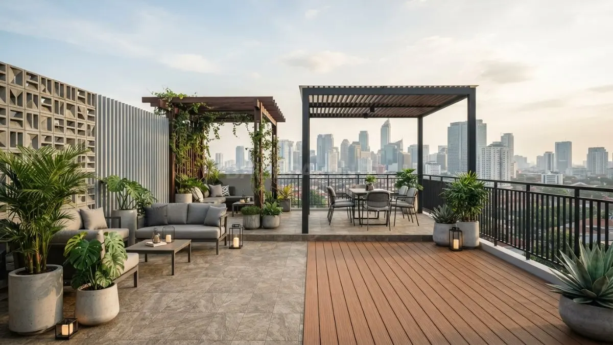 Rooftop aesthetic memadukan material tahan cuaca, desain modern, dan fungsi nyaman untuk aktivitas keluarga sehari-hari (BTV/AI)

